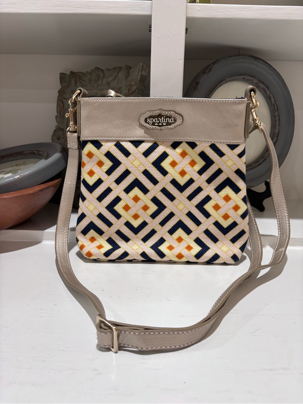 Spartina 449 Beige Crossbody with Navy and Yellow Geometric Weave